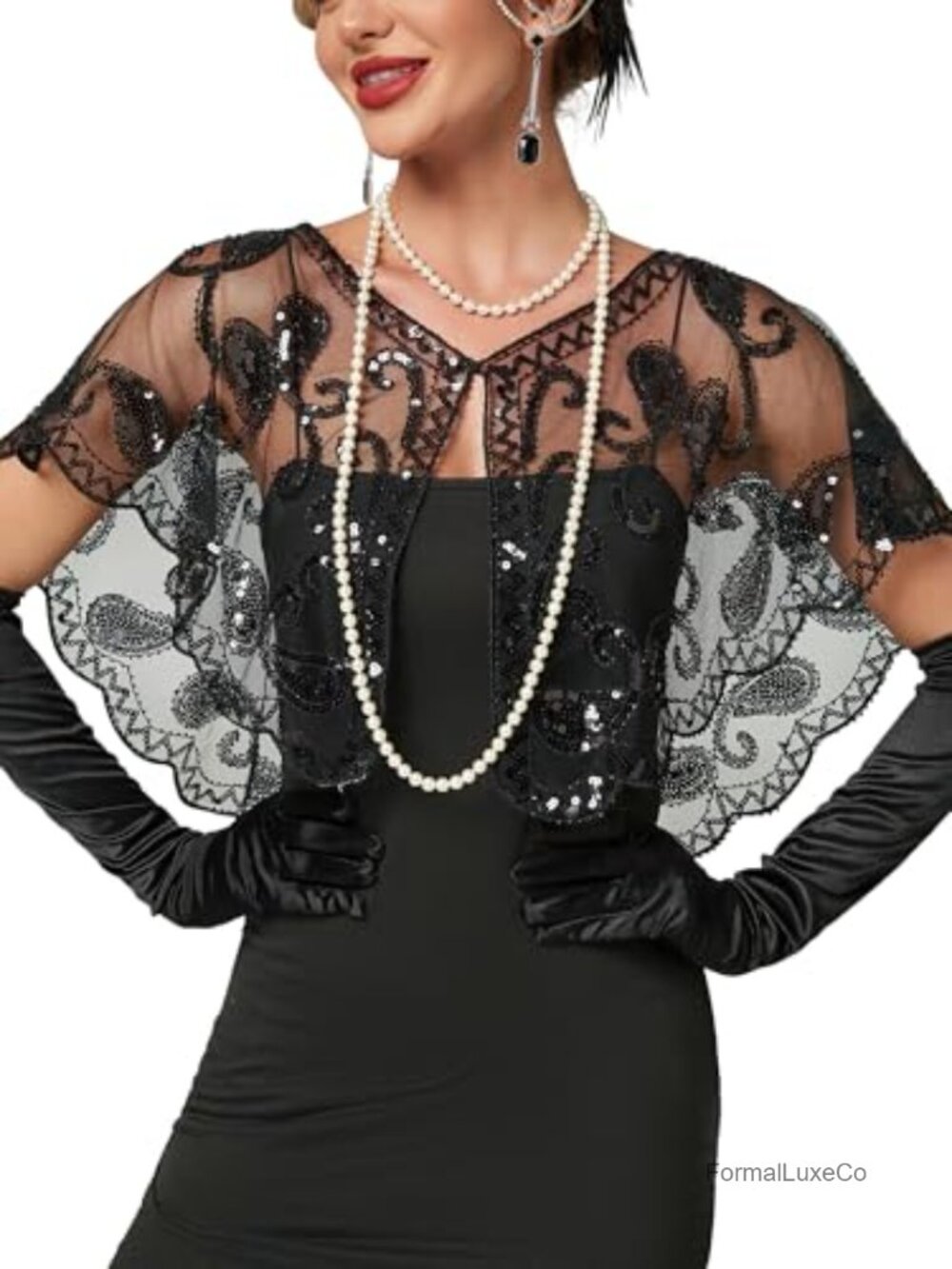 1920s Shawl Sequin Beaded Evening Cape Flapper Cover Up